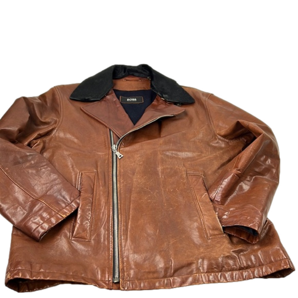 Men's Vintage Boss Brown Leather Full Zip Jacket  with Detachable Collar